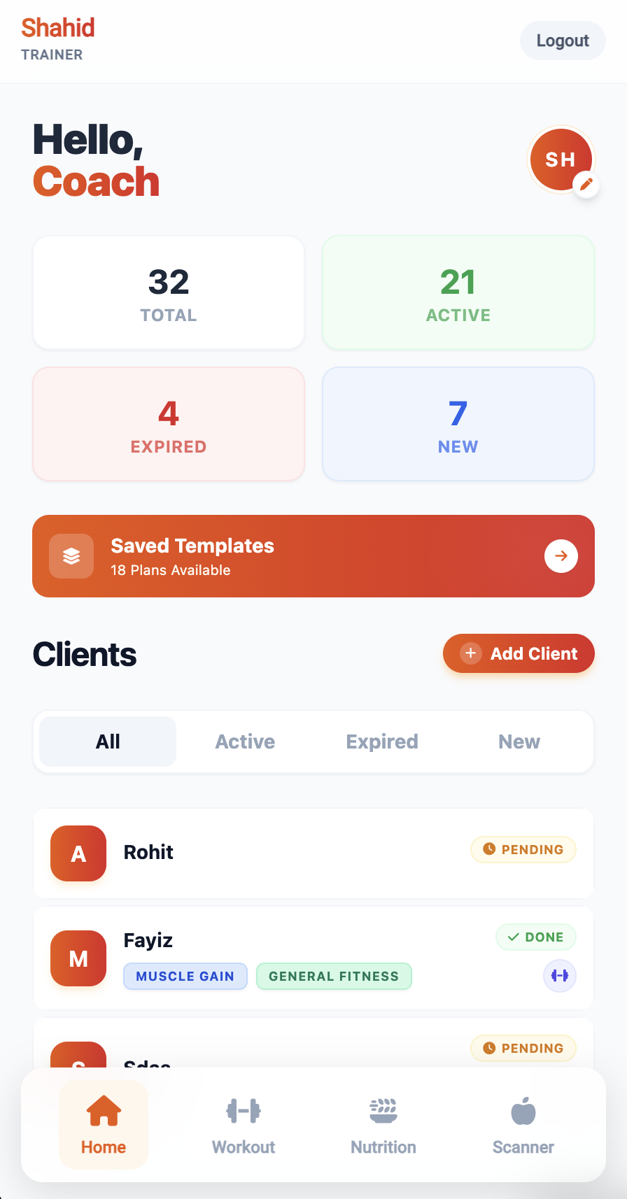Zyro Trainee Action Plan: Mobile screen showing daily workout and nutrition tasks for athletes.